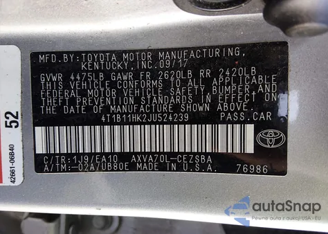 2018 Toyota Camry Se z USA, uszkodzony, nr VIN 4T1B11HK2JU524239